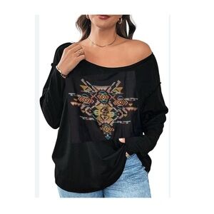 💥Cozy Casual Boho Vibes Azteca Print Black Plus-size Crop top 3X